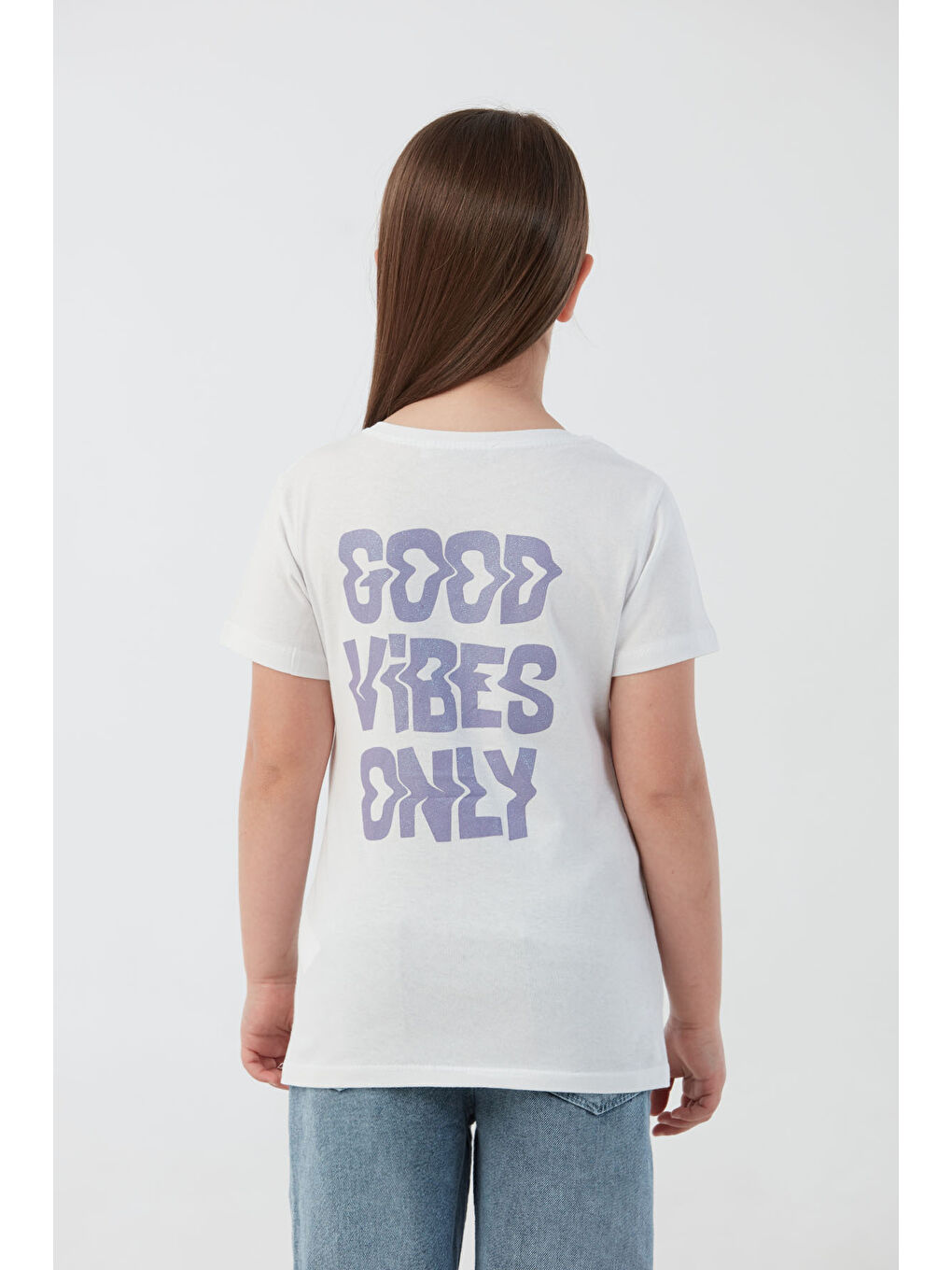 Beyaz Good Vibes Only Yazı Baskılı Kız Çocuk Tişört-2