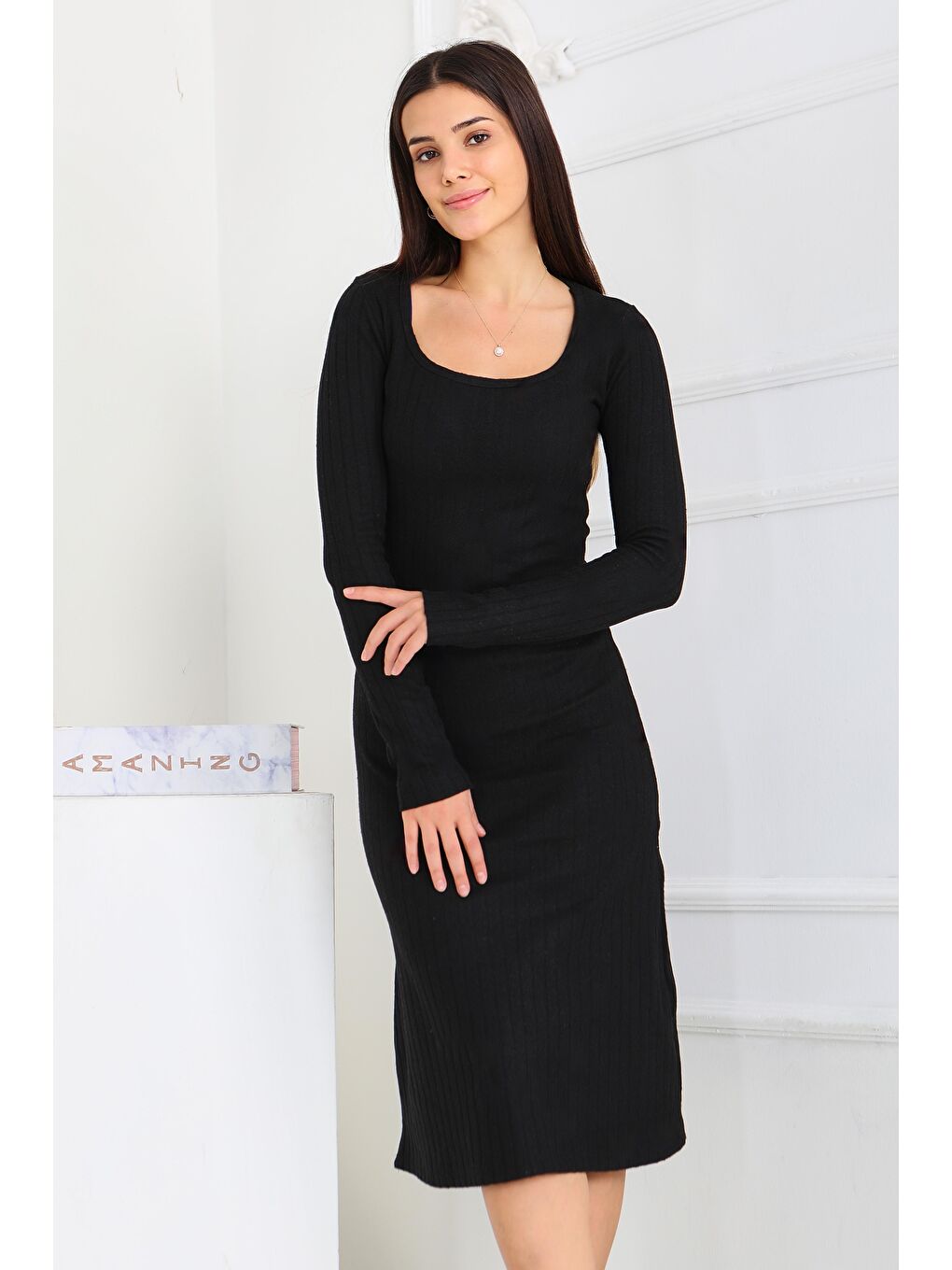 Kare Yaka Fitilili Kaşkorse Elbise Siyah - 27867-SIYAH-1