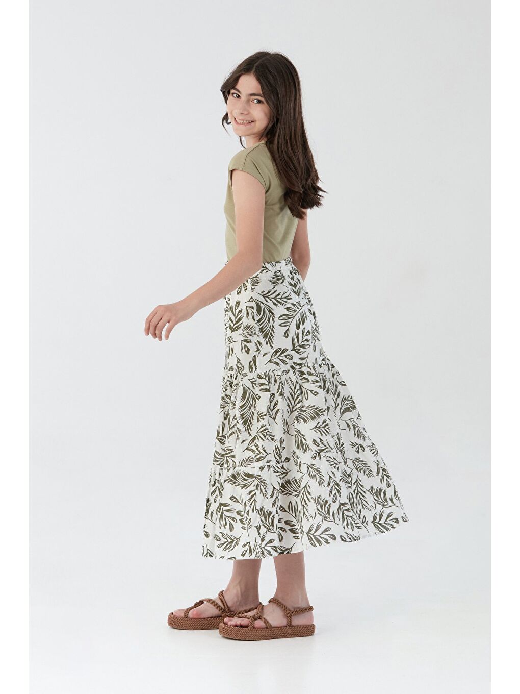 Yeşil Desenli Midi Boy Kız Çocuk Etek-4