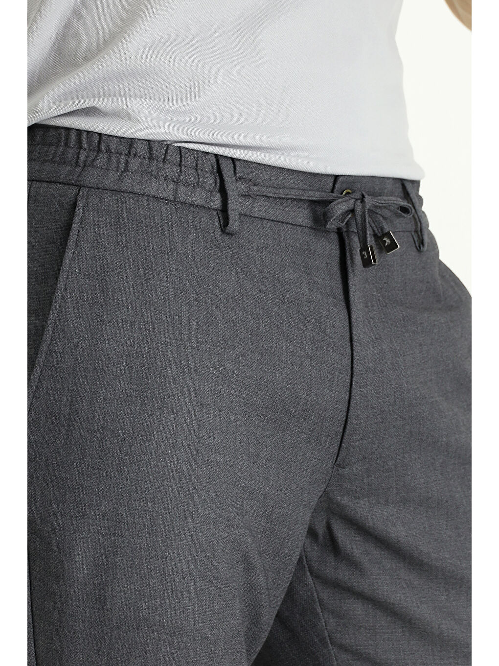 Gri Slim Fit Dar Kesim Beli Lastikli İpli Elastanlı Pantolon-2