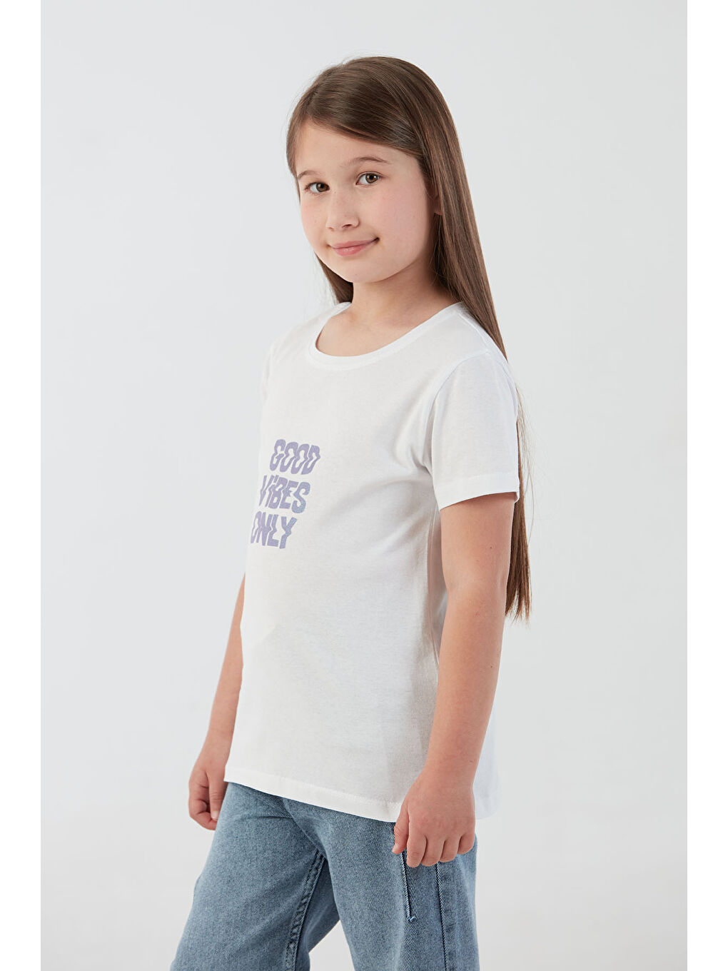 Beyaz Good Vibes Only Yazı Baskılı Kız Çocuk Tişört-3