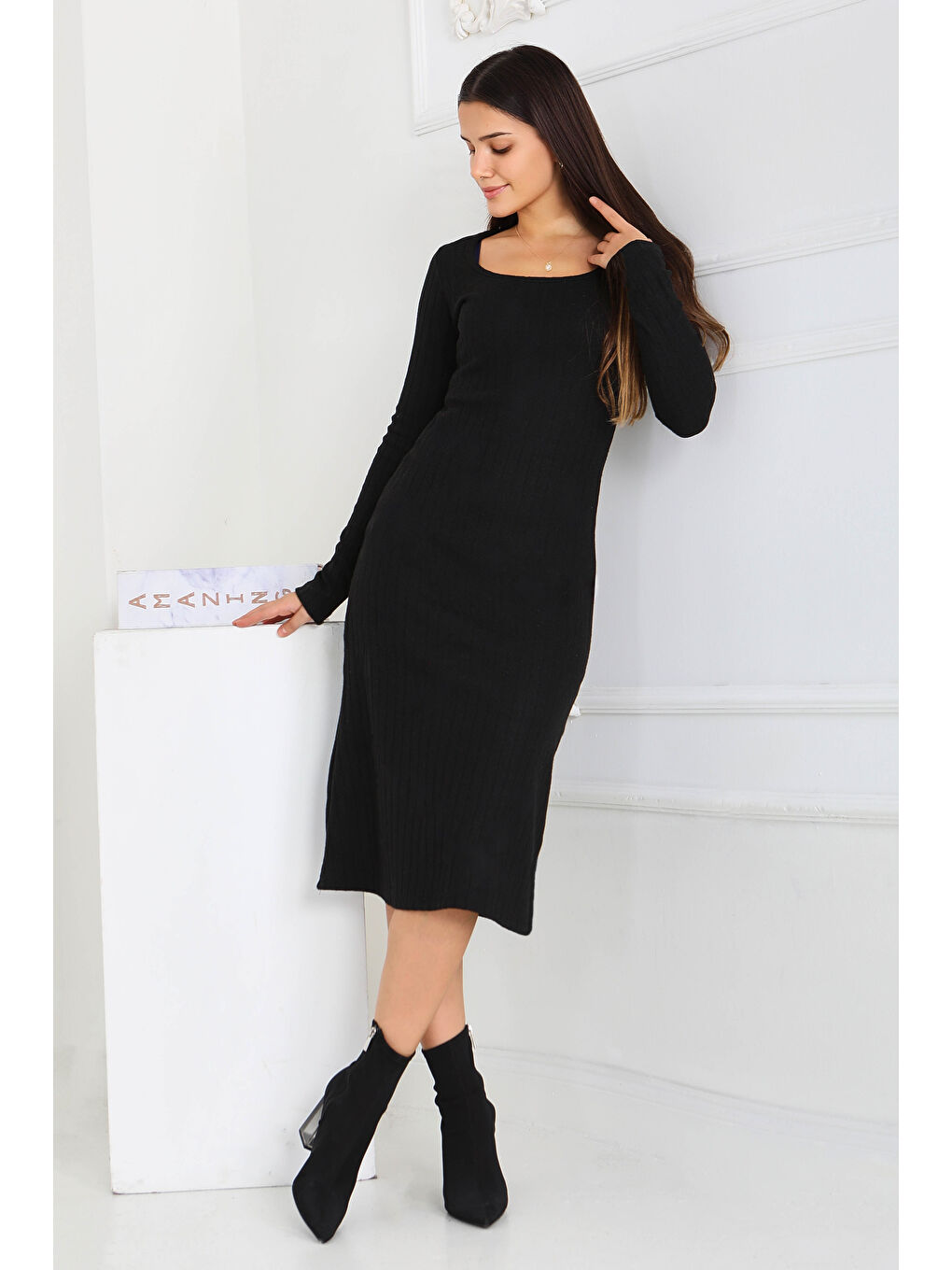 Kare Yaka Fitilili Kaşkorse Elbise Siyah - 27867-SIYAH-2