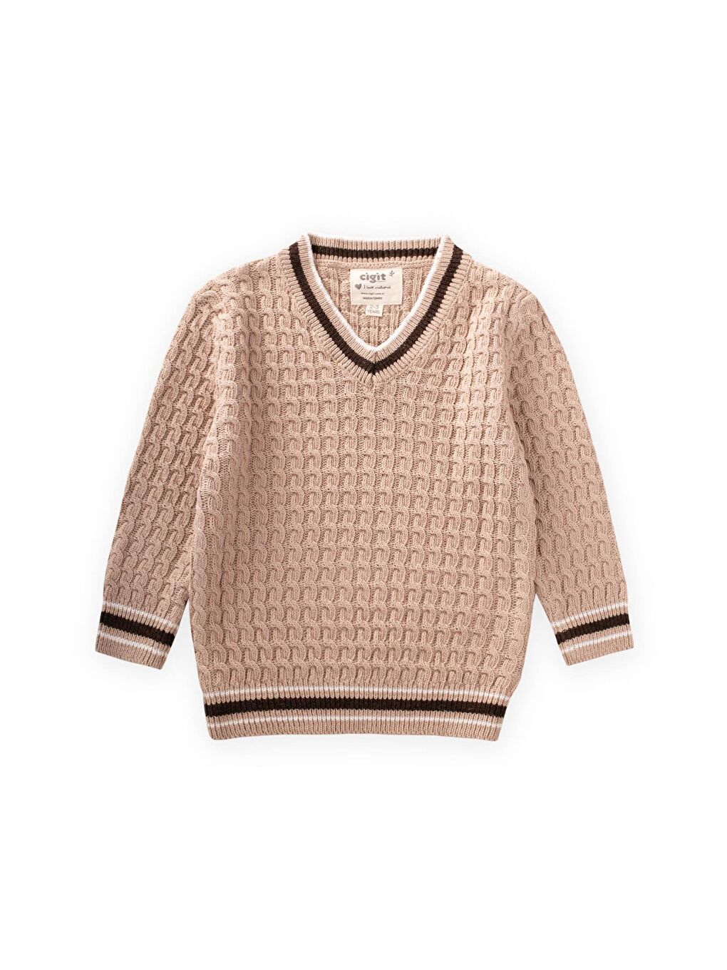 Saç Örgü V Yaka Kazak 2-9 Yaş Bej
