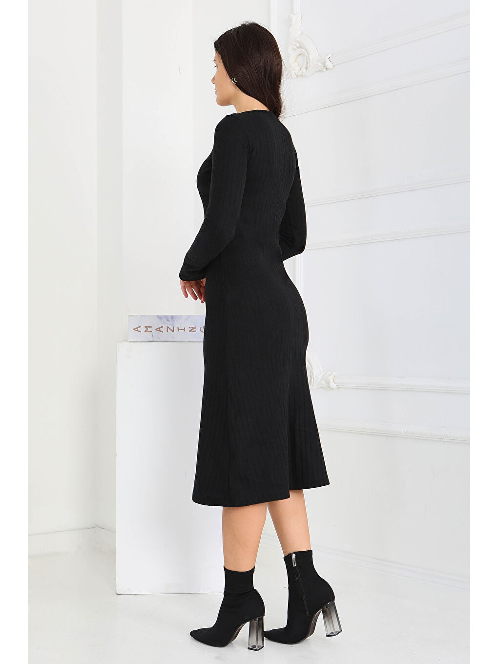 Kare Yaka Fitilili Kaşkorse Elbise Siyah - 27867-SIYAH-3