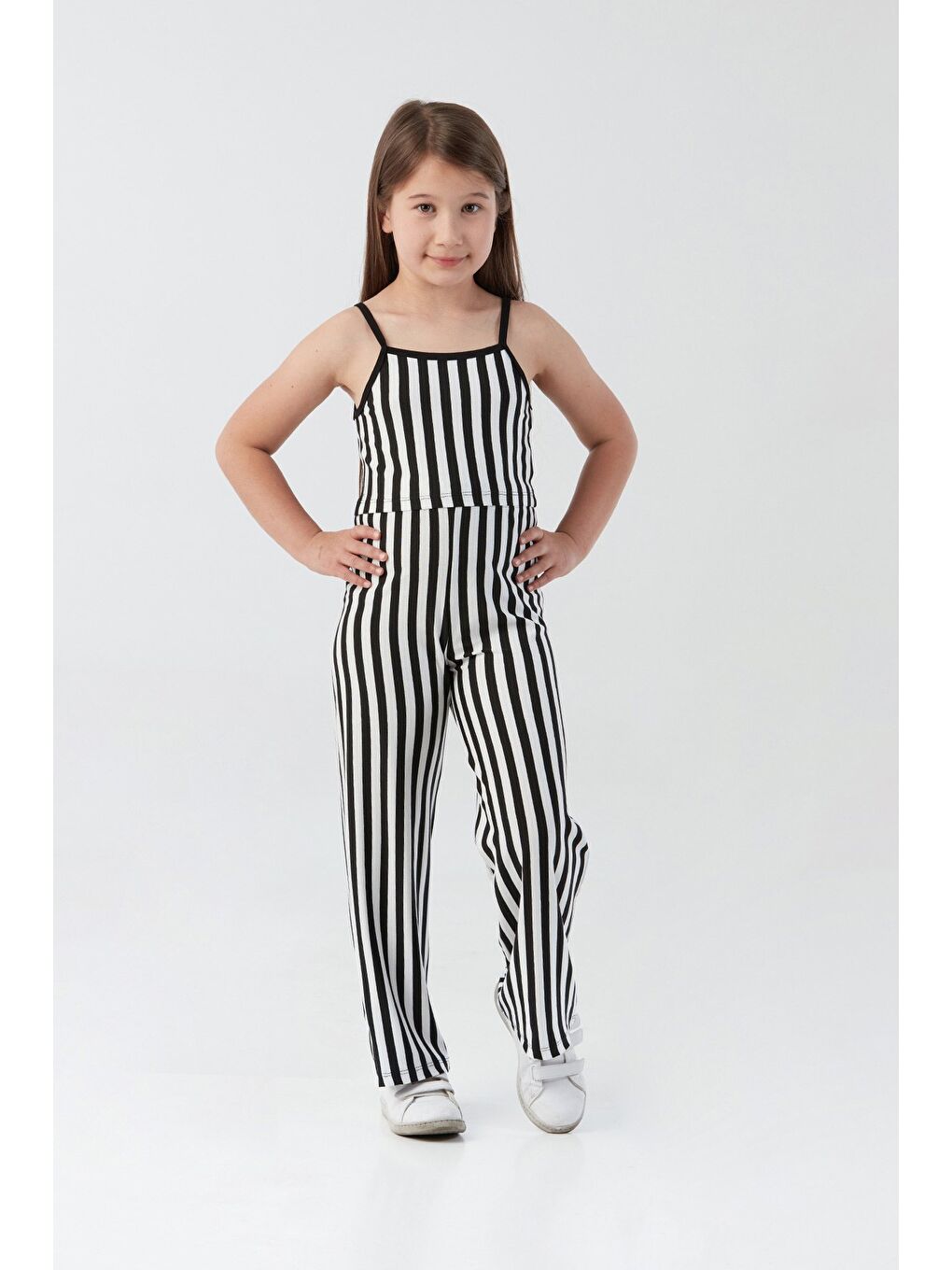 Siyah Çizgili Crop Kız Çocuk Takım