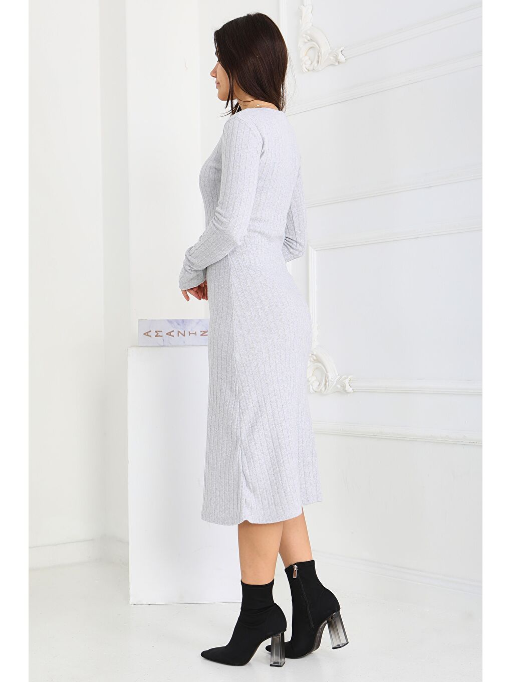 Kare Yaka Fitilili Kaşkorse Elbise Gri - 27867-GRI-4