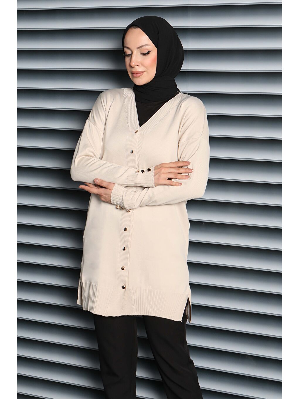 Ekru Düğmeli Triko Hırka Krem - 27798-KREM-1