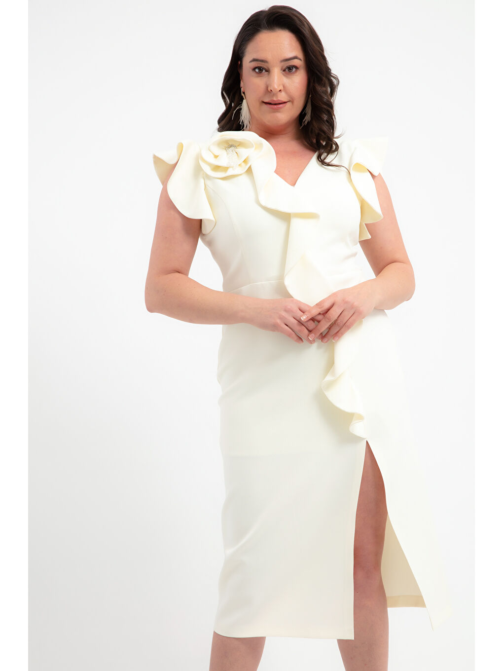 Kadın Ekru Gül Detay Yırtmaçlı Büyük Beden Midi Abiye Elbise-1