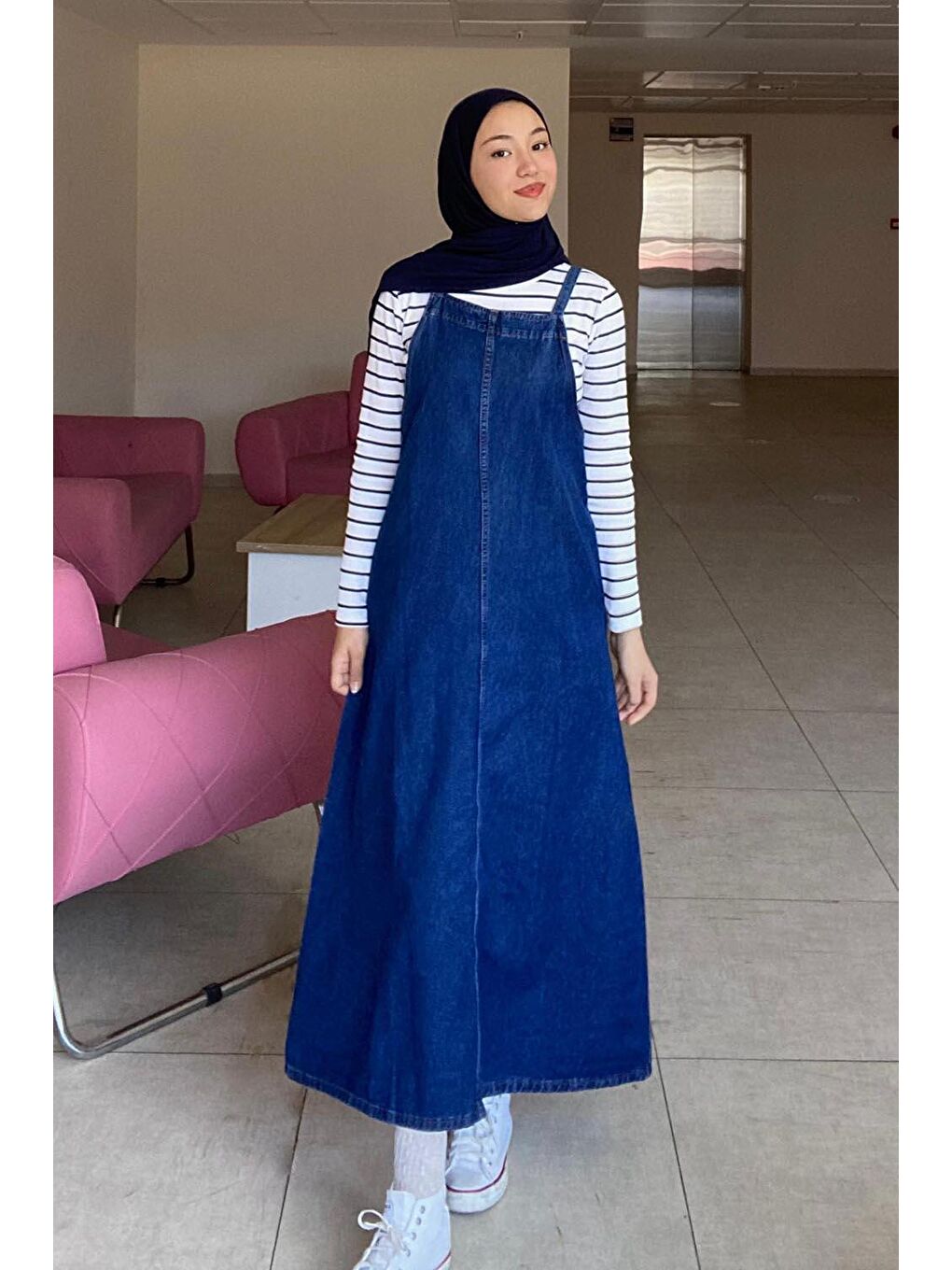 Askılı Denim Salopet Elbise Koyu Mavi