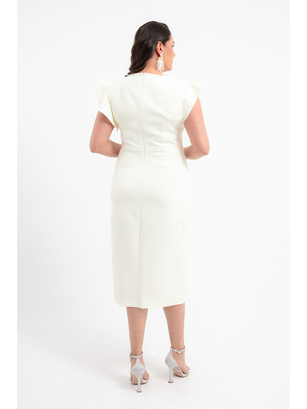 Kadın Ekru Gül Detay Yırtmaçlı Büyük Beden Midi Abiye Elbise-4