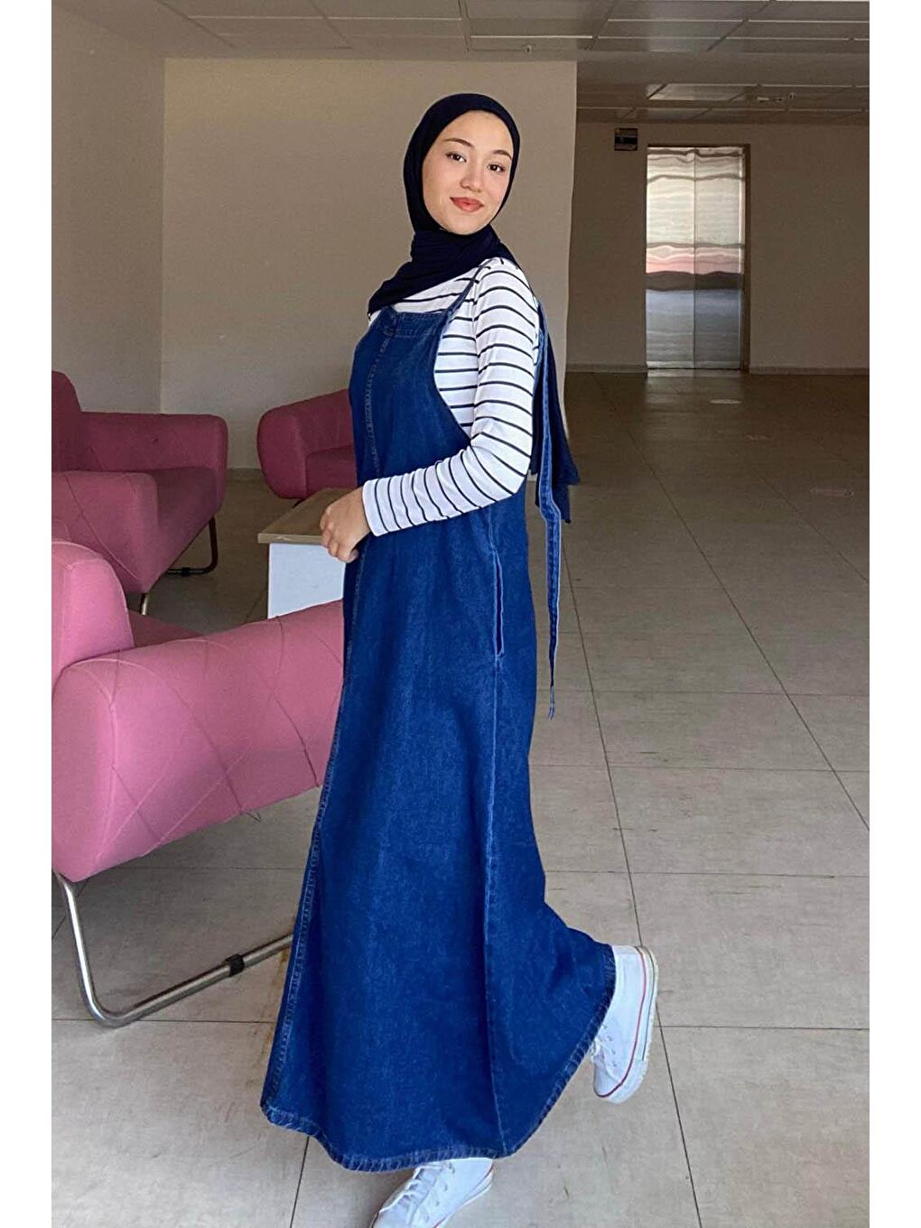 Askılı Denim Salopet Elbise Koyu Mavi-1