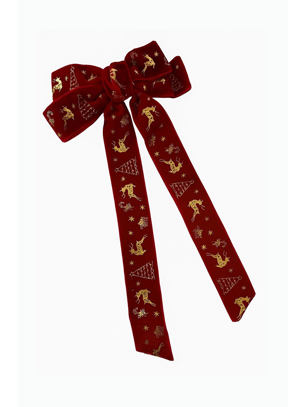 Kırmızı Yılbaşı Altın Yaldız Figürlü Kadife Fiyonk Toka-1