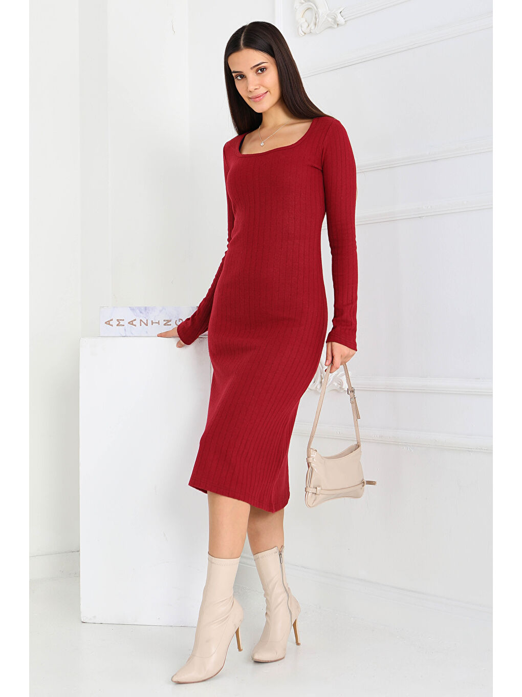 Kare Yaka Fitilili Kaşkorse Elbise Bordo - 27867-BORDO-1