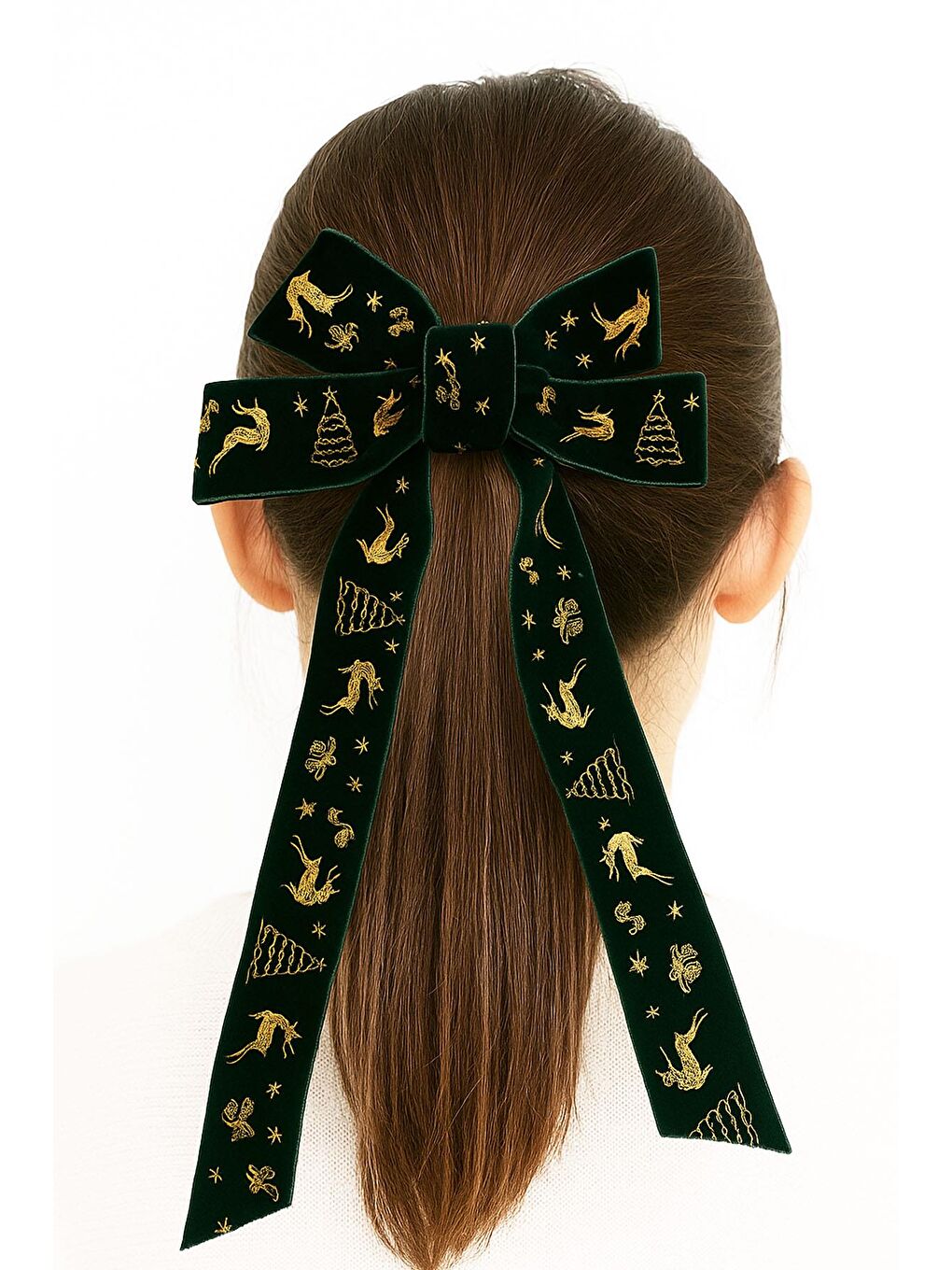 Yeşil Yılbaşı Altın Yaldız Figürlü Kadife Fiyonk Toka