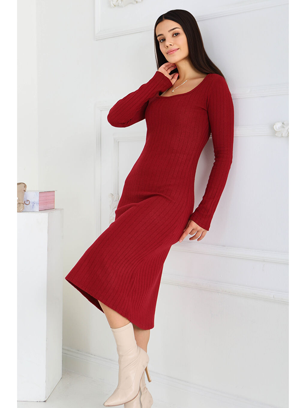 Kare Yaka Fitilili Kaşkorse Elbise Bordo - 27867-BORDO-2