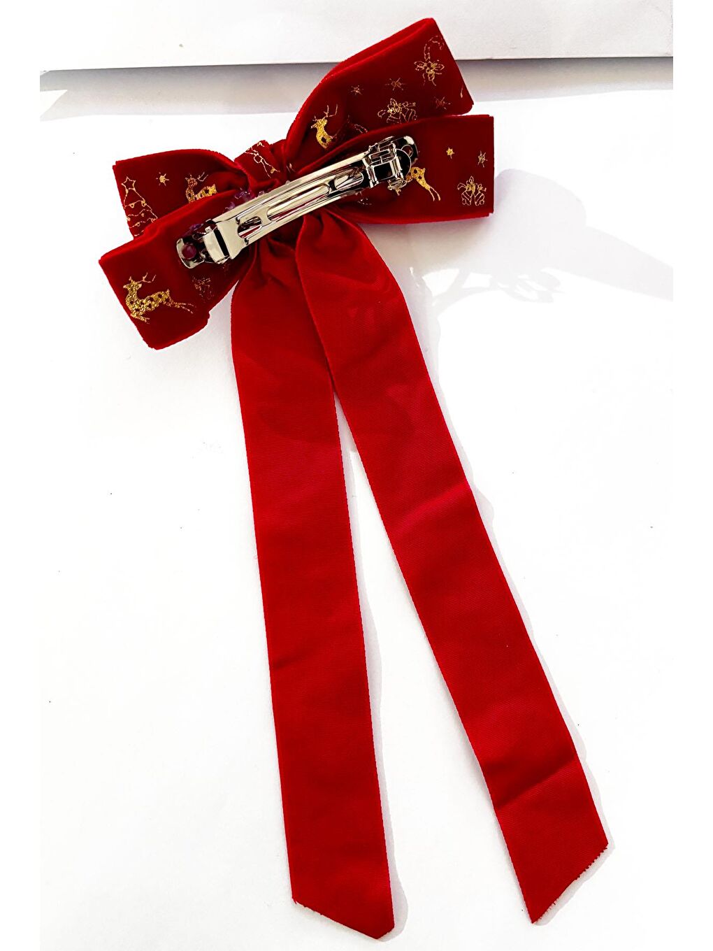 Kırmızı Yılbaşı Altın Yaldız Figürlü Kadife Fiyonk Toka-2