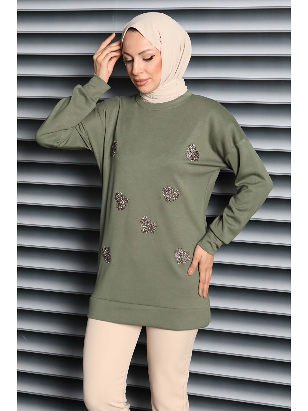 Kalp Taşlı İşlemeli Modal Tunik Haki - 27875-HAKI-2