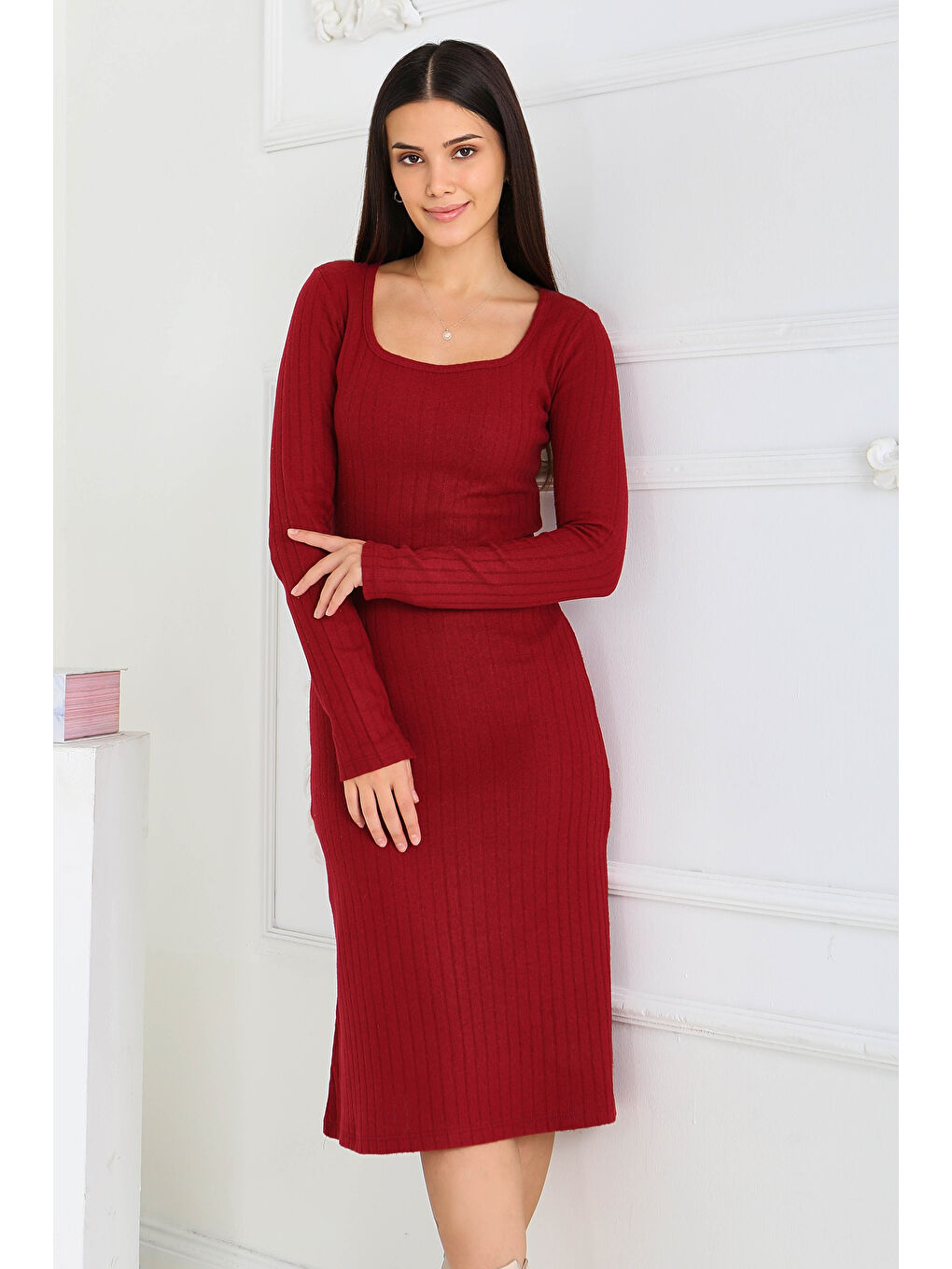 Kare Yaka Fitilili Kaşkorse Elbise Bordo - 27867-BORDO-3