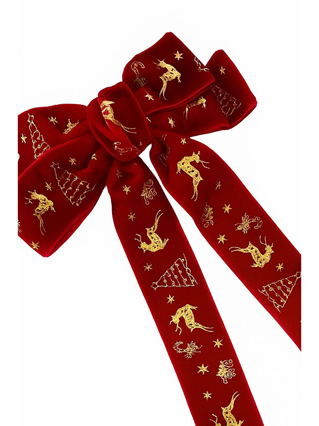 Kırmızı Yılbaşı Altın Yaldız Figürlü Kadife Fiyonk Toka-3