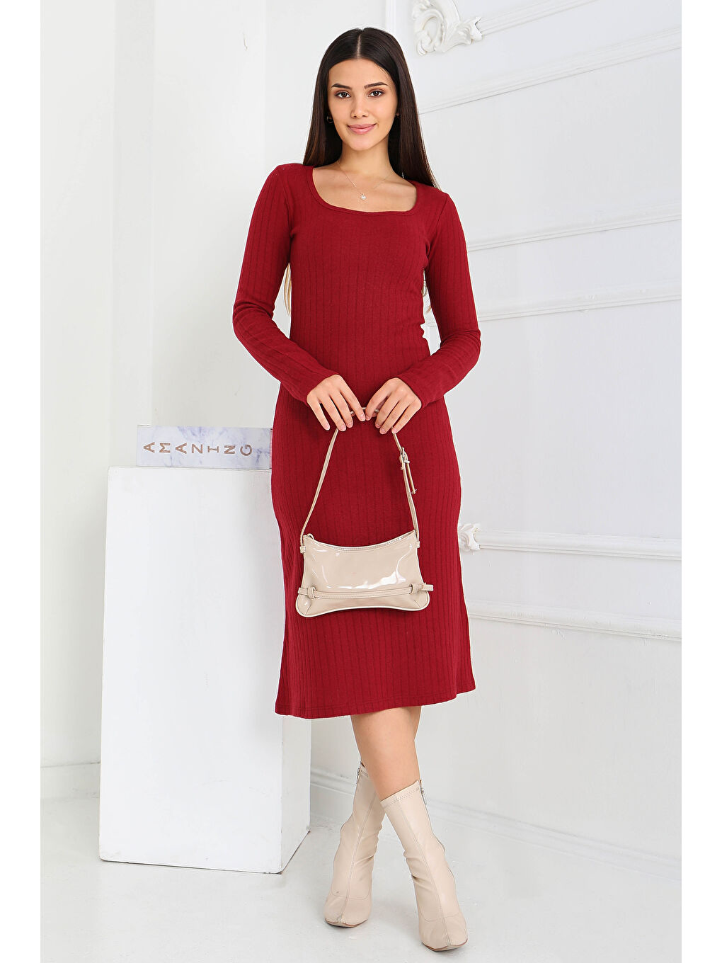 Kare Yaka Fitilili Kaşkorse Elbise Bordo - 27867-BORDO-4