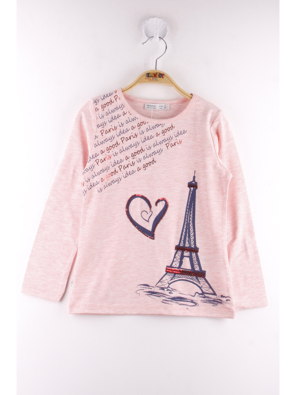 Pembe Kız Çocuk Paris Baskılı Pul Detaylı Tişört