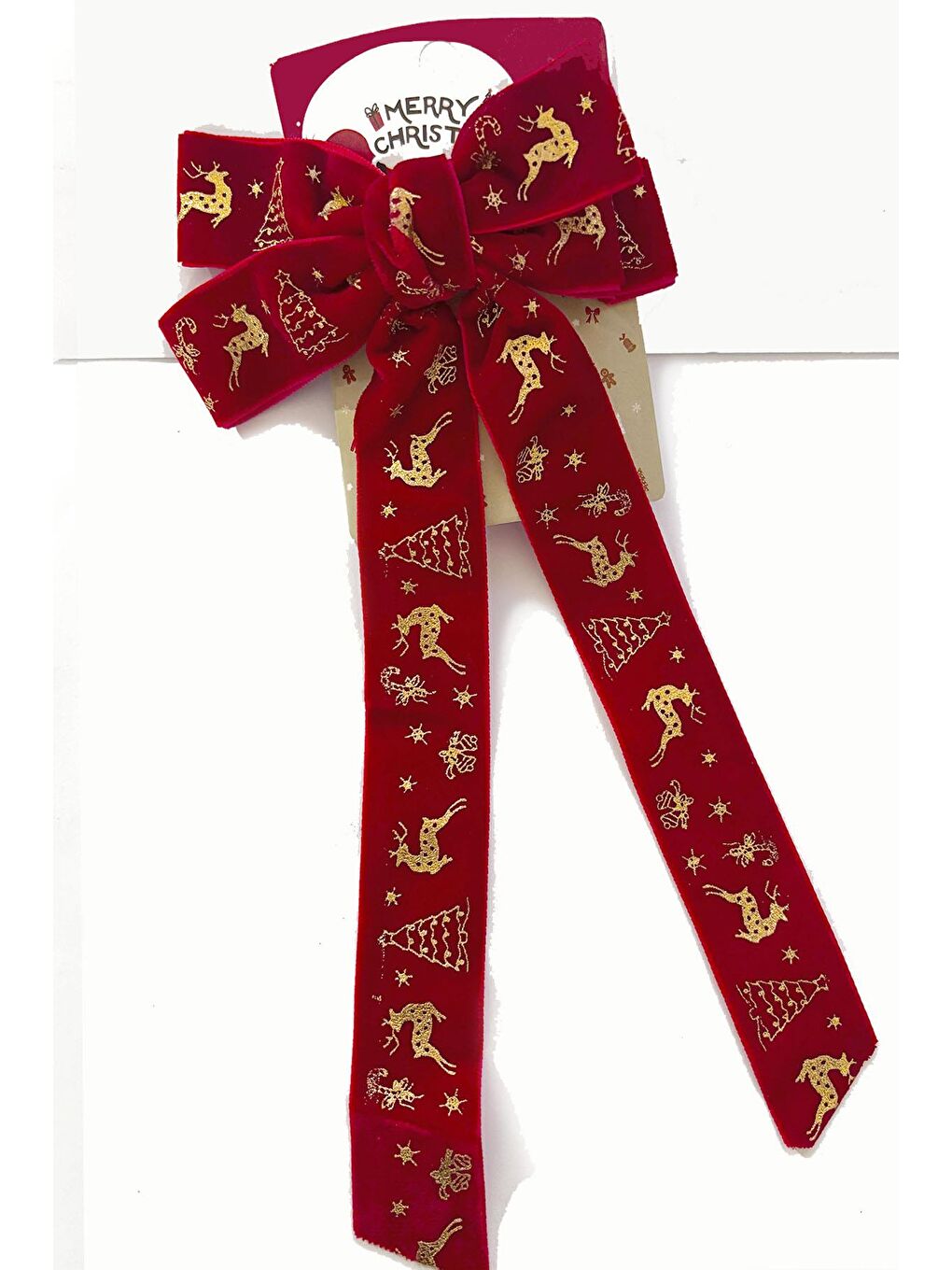 Kırmızı Yılbaşı Altın Yaldız Figürlü Kadife Fiyonk Toka-4