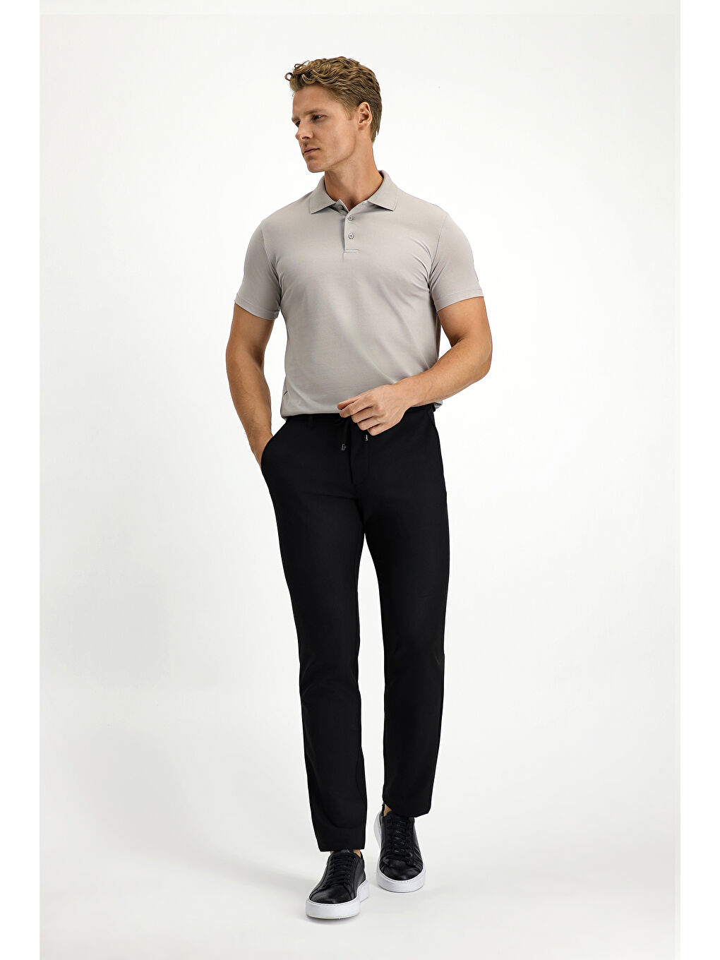 Siyah Regular Fit Beli Lastikli İpli Elastanlı Pantolon-1