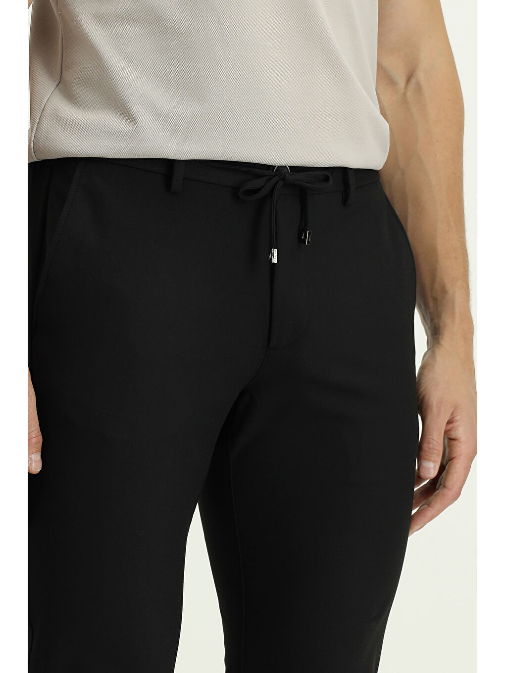 Siyah Regular Fit Beli Lastikli İpli Elastanlı Pantolon-3