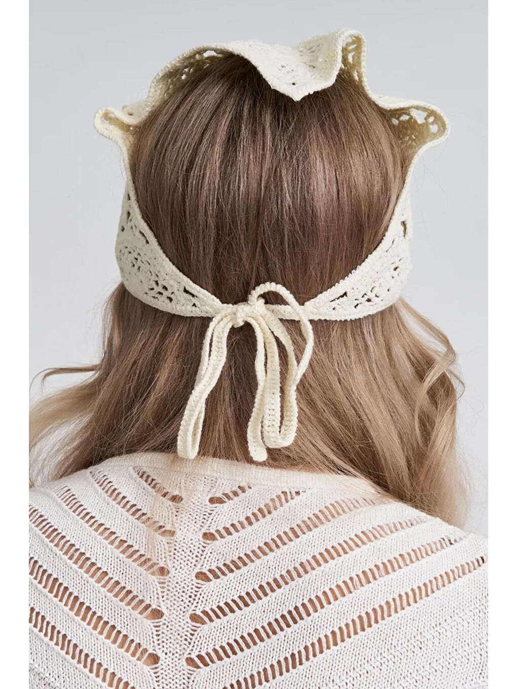 Ekru Örgülü Krem Üçgen Bandana-3