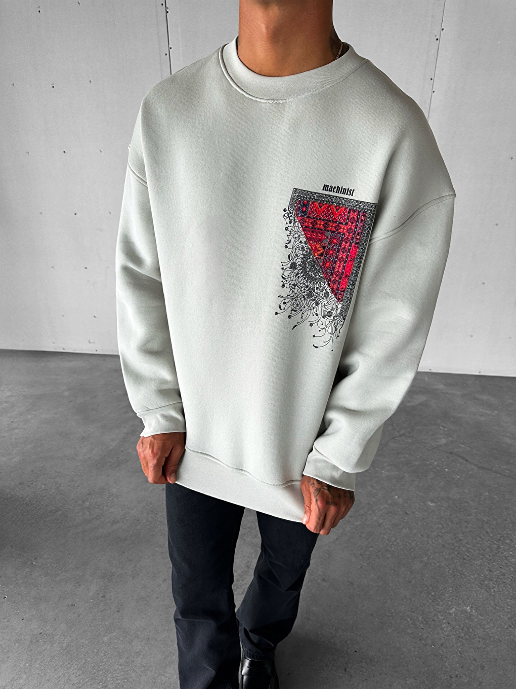 ablukaonline Erkek Oversize Desen Yamalı Sweatshirt Gri - 1