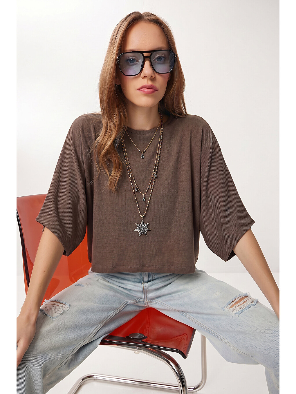 Bej Yarasa Kollu Basic Örme Bluz VİZON LUB0369