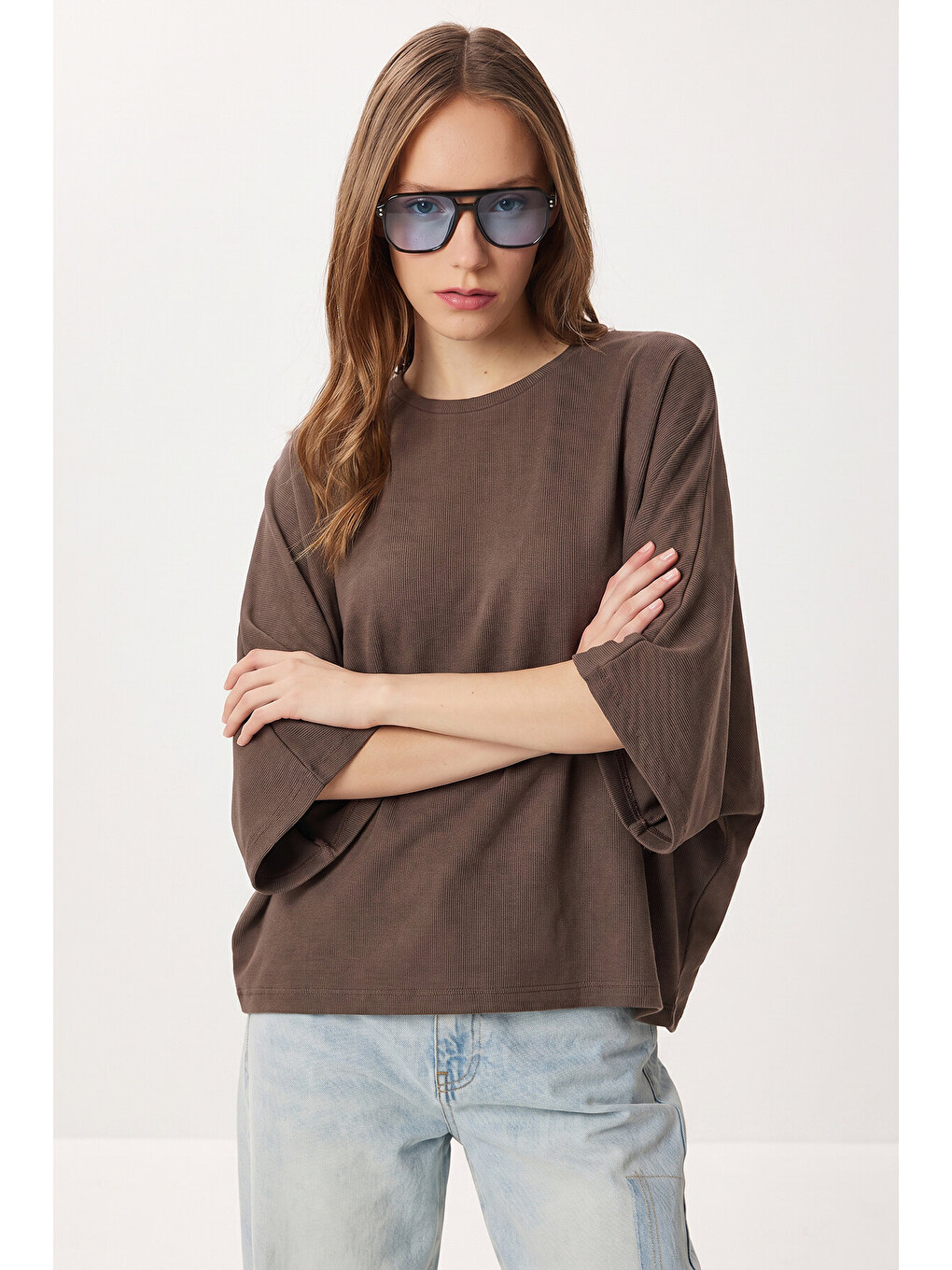 Bej Yarasa Kollu Basic Örme Bluz VİZON LUB0369-1