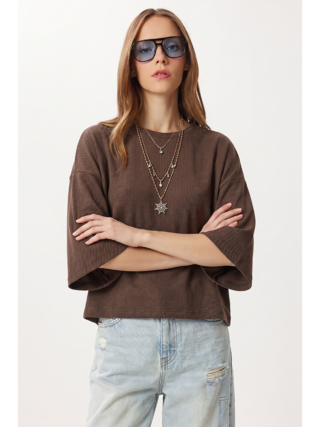 Bej Yarasa Kollu Basic Örme Bluz VİZON LUB0369-2