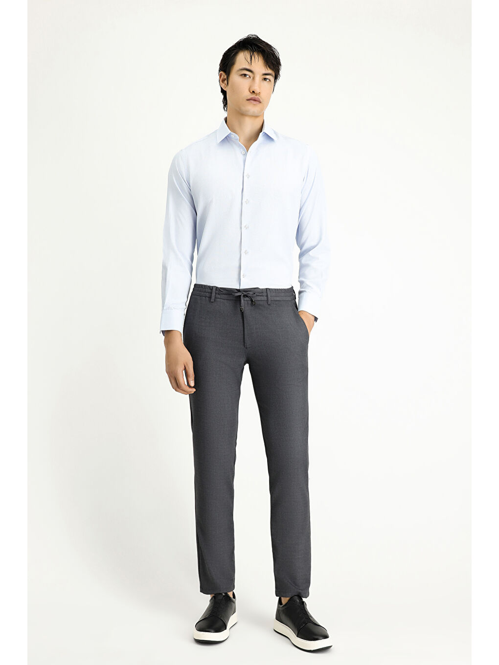 Gri Regular Fit Beli Lastikli İpli Elastanlı Pantolon-1