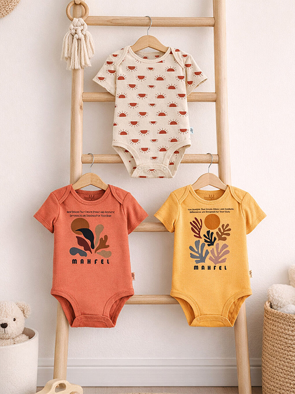 Sarı 3'Lü %100 Pamuklu Organik Baskılı Kısa Kollu Çıtçıtlı Bebek Body Zıbın 848-851-2