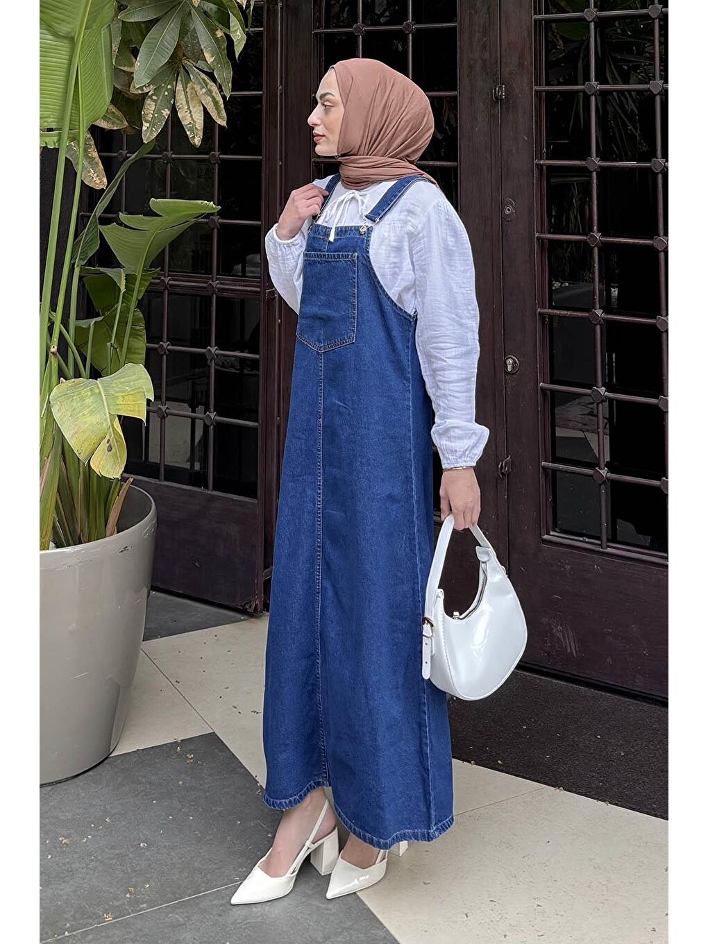 Ön Cep Detaylı Denim Salopet Elbise Koyu Mavi-1