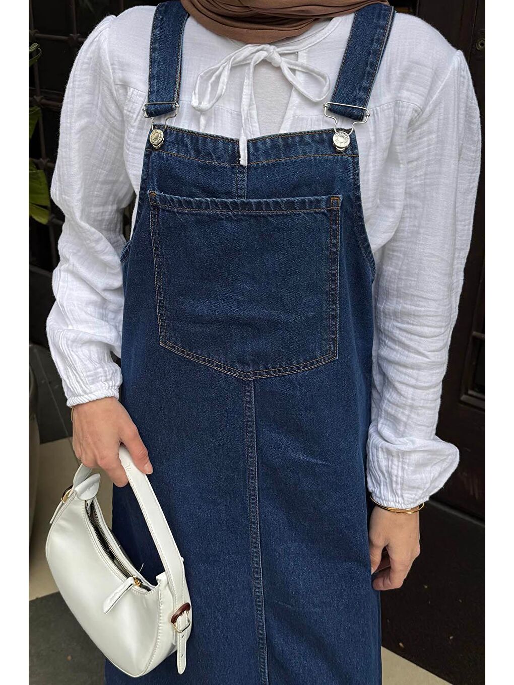 Ön Cep Detaylı Denim Salopet Elbise Koyu Mavi-3