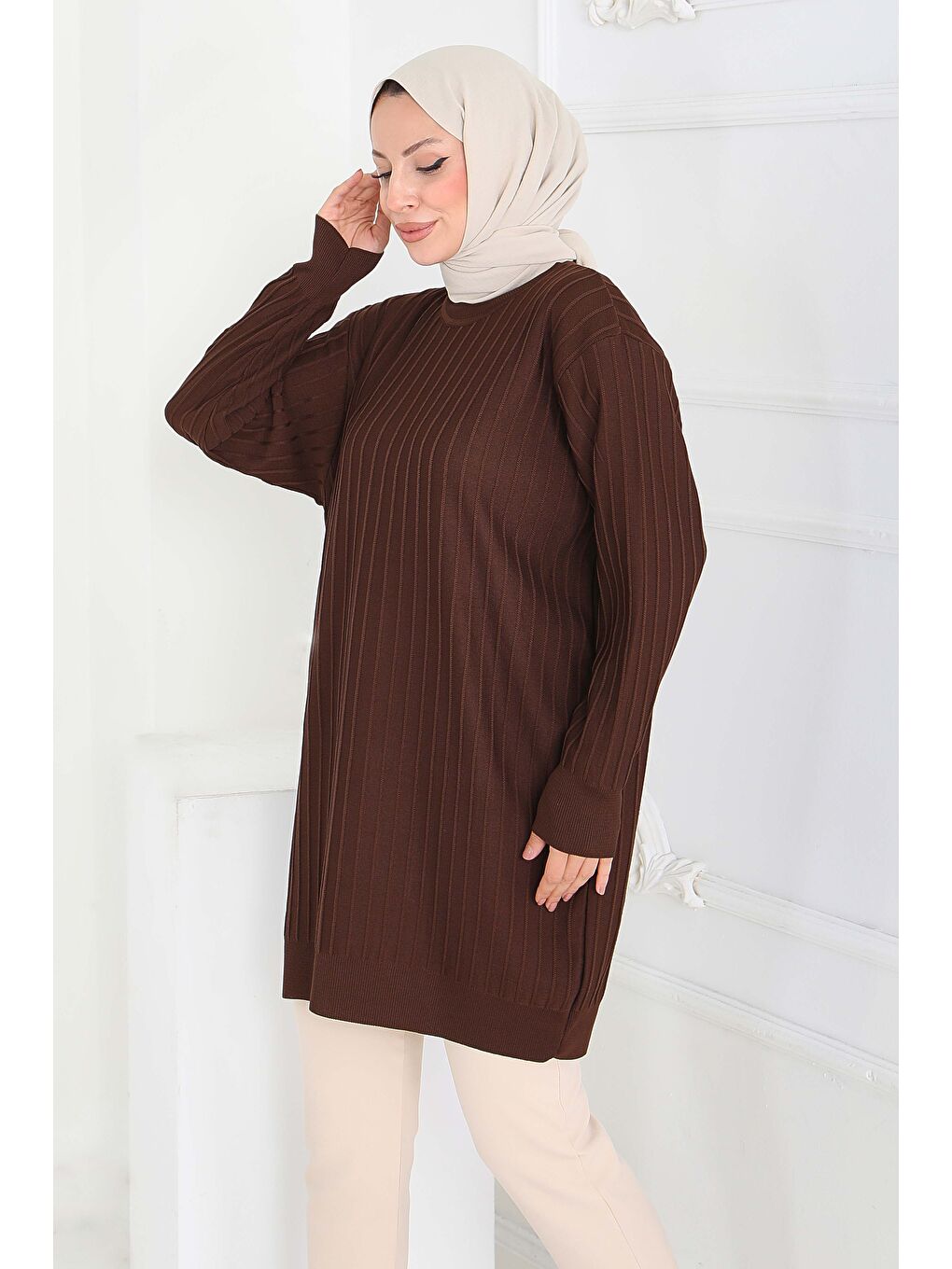 Kahverengi Çima Detaylı Triko Tunik Kahve - 27886-KAHVE