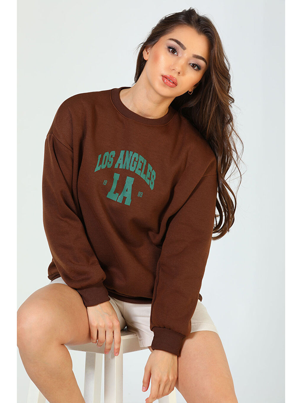 GÜLSELİ Kahverengi Kadın Bisiklet Yaka Baskılı Şardonlu Üç İplik Sweatshirt - 3