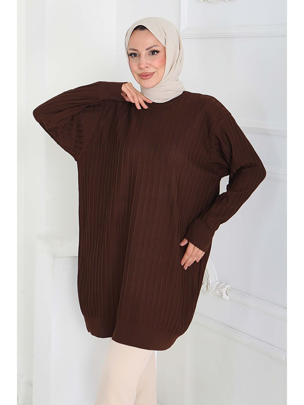 Kahverengi Çima Detaylı Triko Tunik Kahve - 27886-KAHVE-1