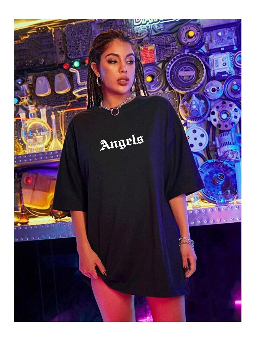 Trendseninle Siyah Kadın Siyah Ön Arka Baskılı Pure Angels Oversize Tişört