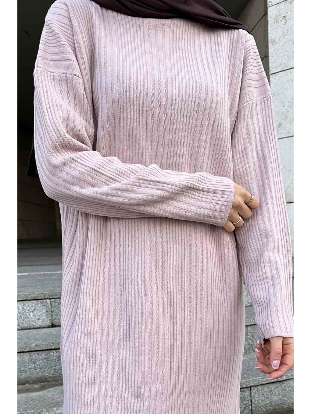 Pembe Fitilli Triko Uzun Elbise Pudra-2