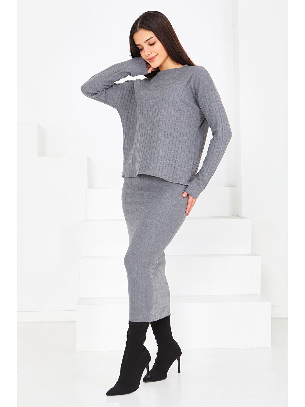 Gri İnterlok Bluz Etekli Takım Füme - 27814-FUME-1