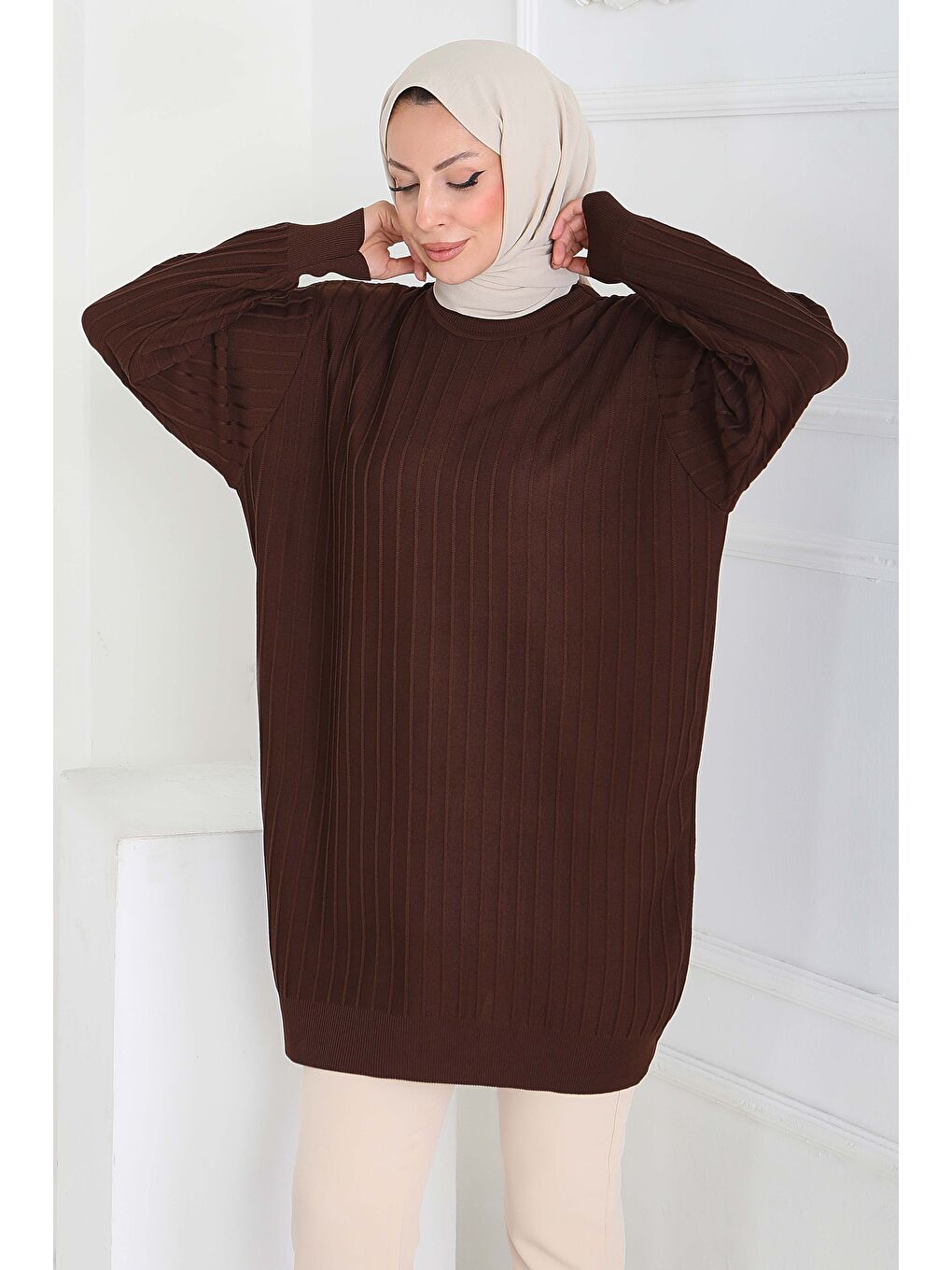 Kahverengi Çima Detaylı Triko Tunik Kahve - 27886-KAHVE-2