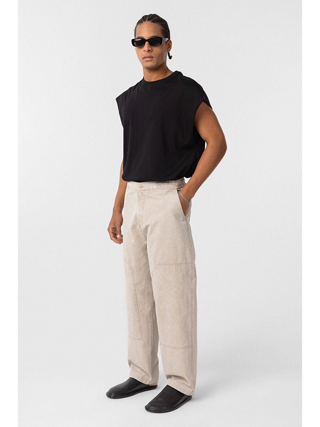 Yıkamalı Baggy Gabardin Erkek Pantolon Bej