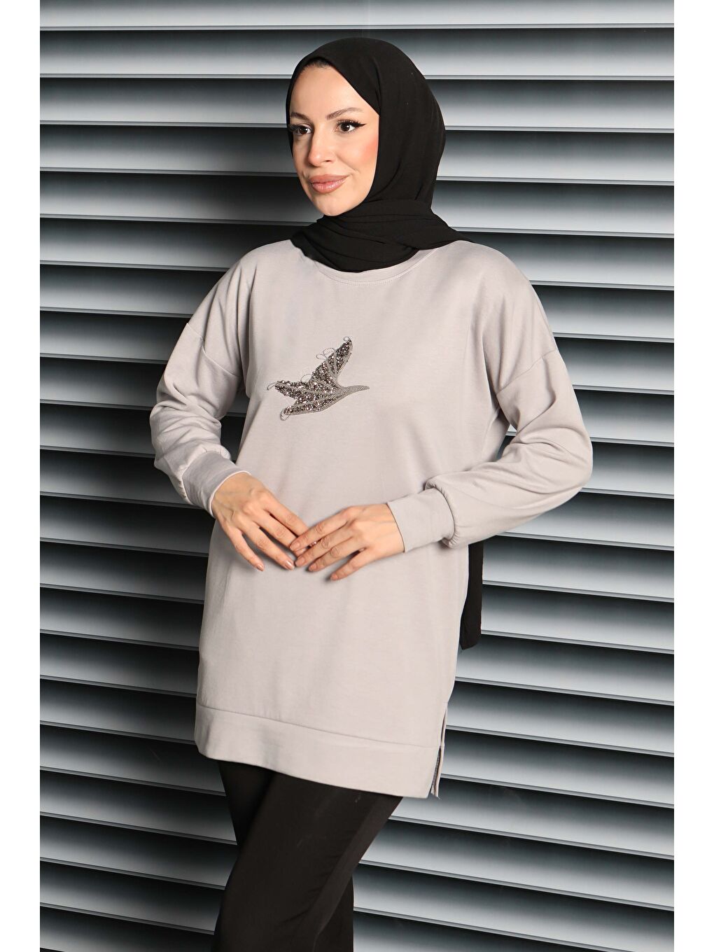 Kuş Taşlı İşlemeli Modal Tunik Gri - 27874-GRI