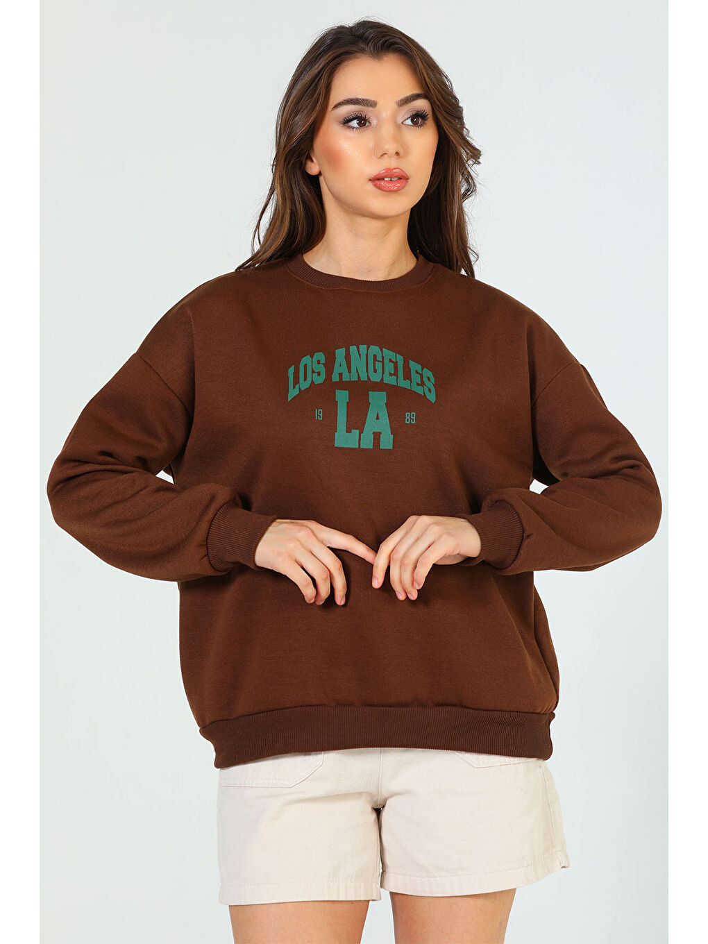 GÜLSELİ Kahverengi Kadın Bisiklet Yaka Baskılı Şardonlu Üç İplik Sweatshirt - 4