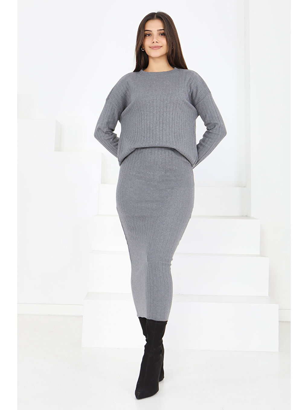 Gri İnterlok Bluz Etekli Takım Füme - 27814-FUME-2