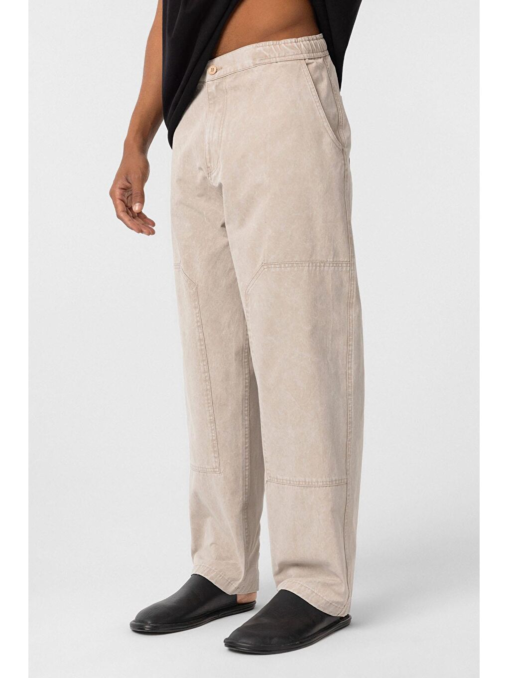Yıkamalı Baggy Gabardin Erkek Pantolon Bej-3