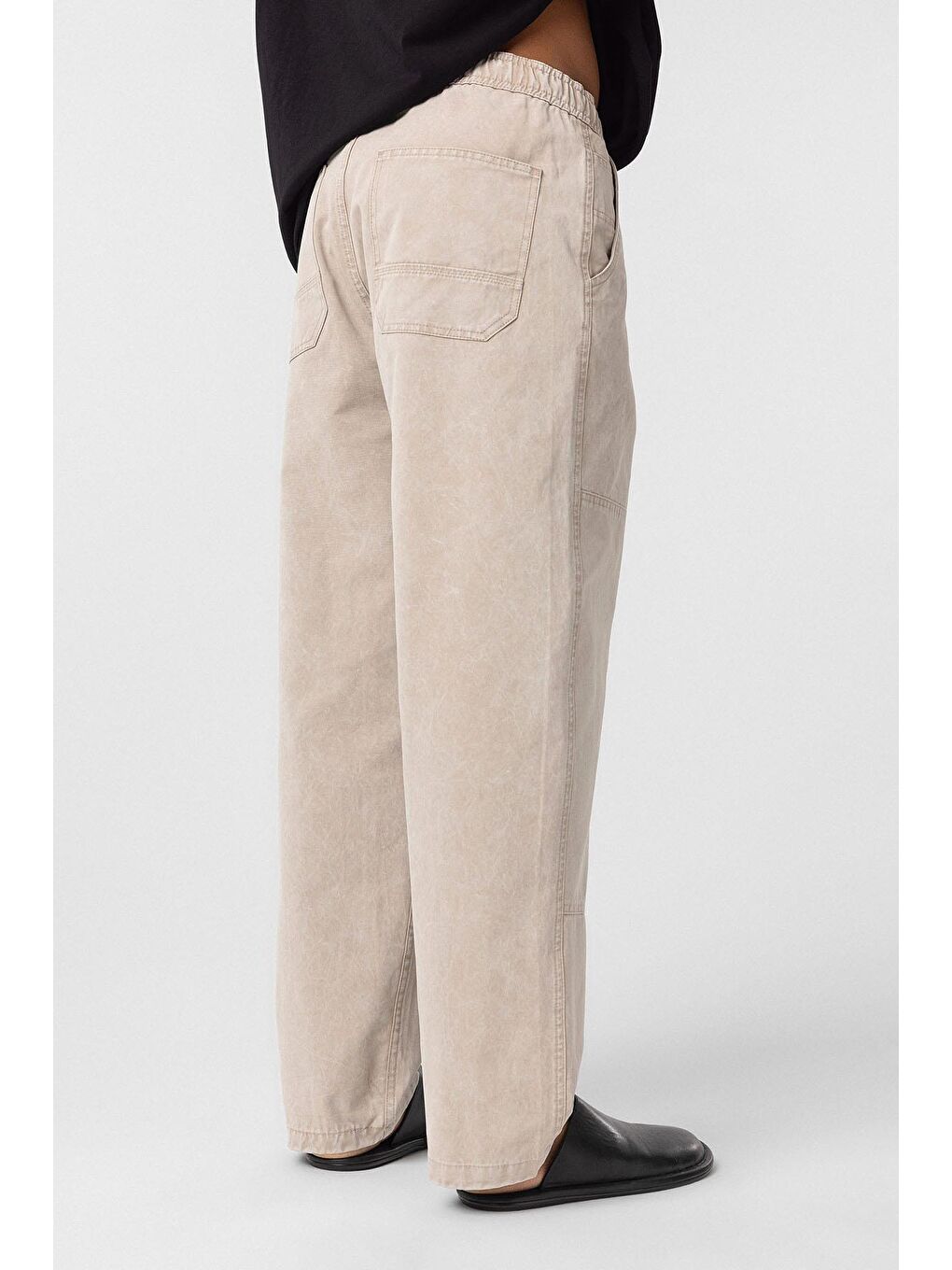 Yıkamalı Baggy Gabardin Erkek Pantolon Bej-4